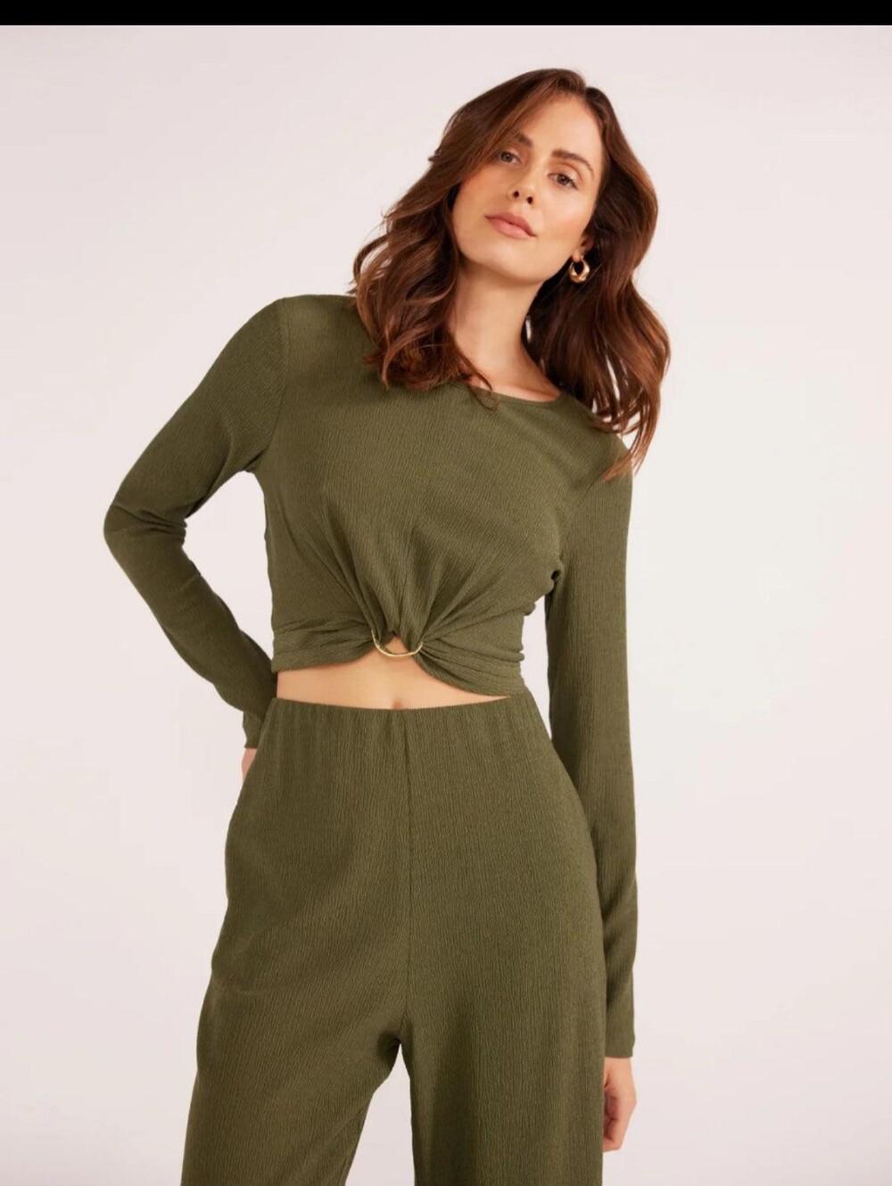 MINKPINK Emmerson Forest Green Long Sleeve Twist Crop Top